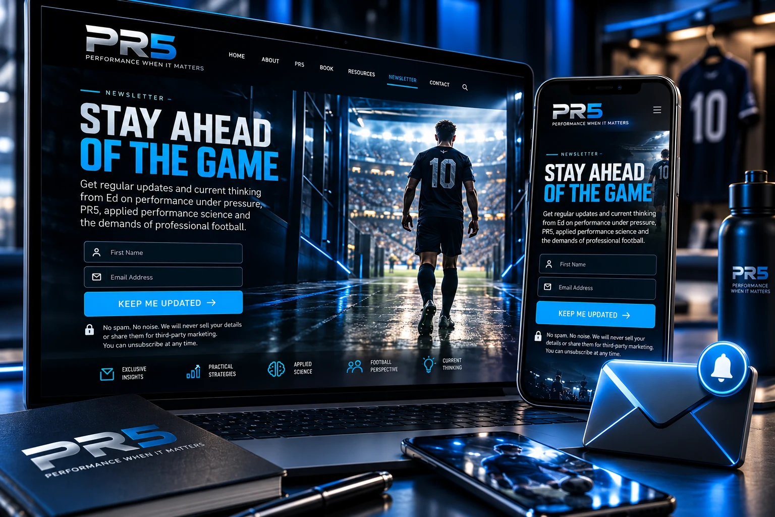 PR5 newsletter presented on desktop and mobile in a cinematic football setting.